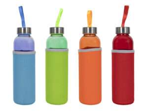 Fles glas m/hoes Ø6x22cm 500ml 4-ass