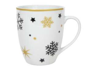 Mug, snowflake black/gold, gold edge