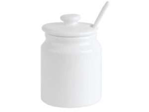 Suikerpot wit/porsel. m/deksel Ø7x9,5cm/lepel 12,5cm